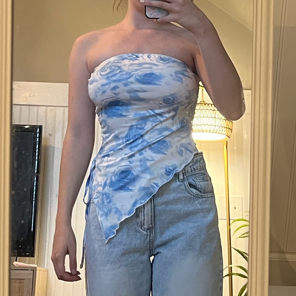 Blue and White Floral Bandeau Top